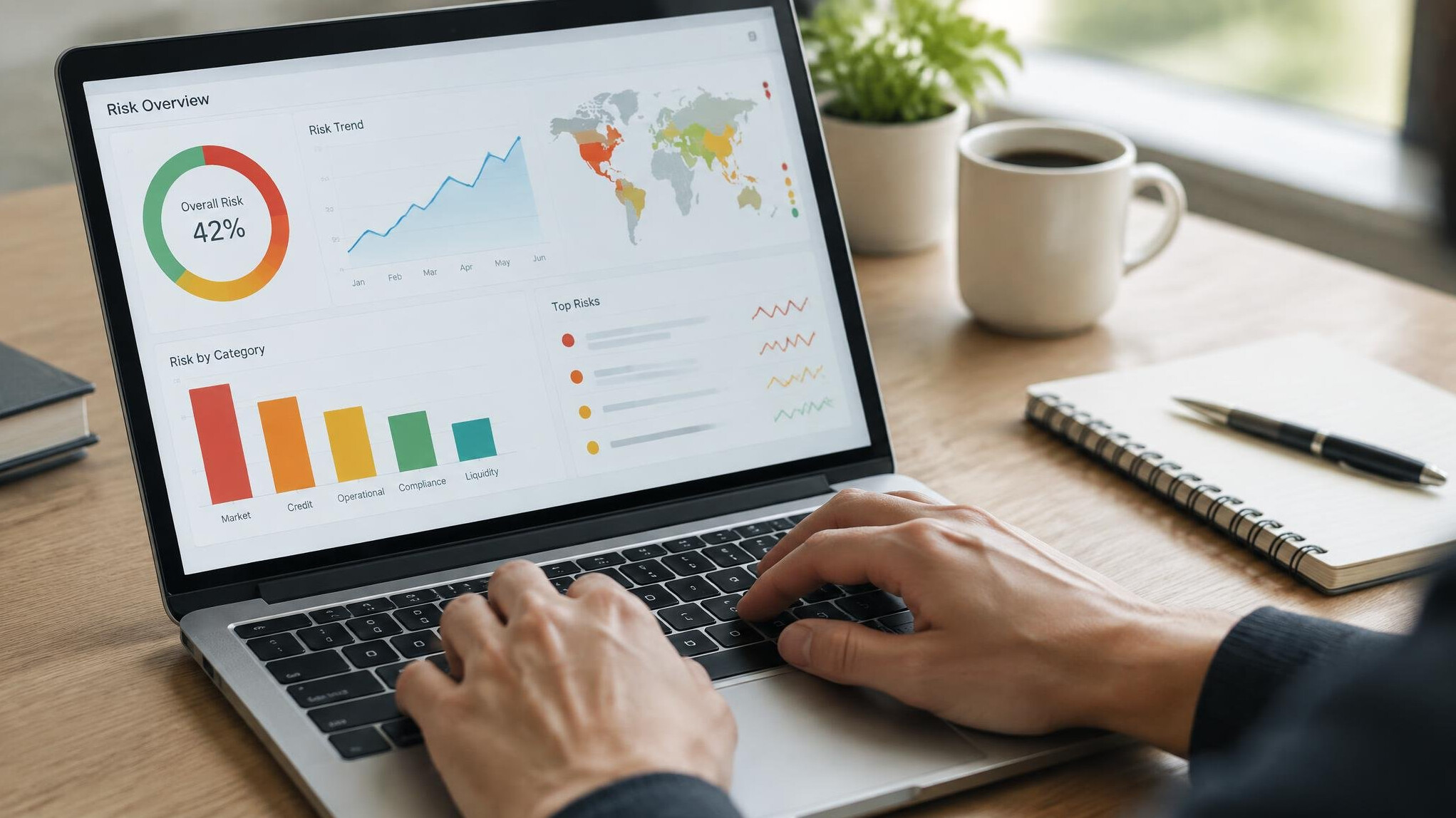 Close up of hands typing on a laptop showing a risk analytics dashboard