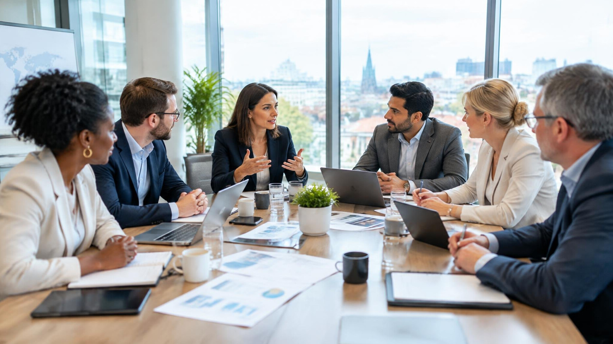 Diverse group of Belgian business professionals discussing corporate resilience strategy in a meeting room